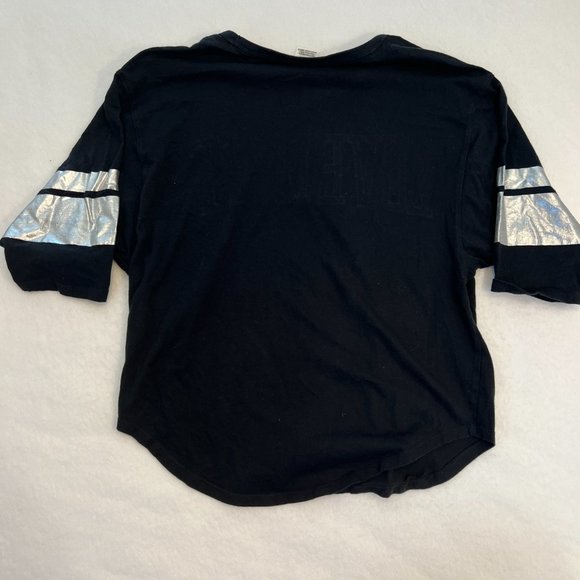 PINK Victoria Secret Black Top silver Sequins Sz L Short Sleeves LOVE PINK - Picture 2 of 6